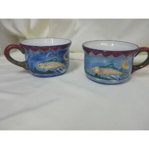 Mesa Internatioal Hand Painted Trout Fish Coffee Mugs Set of 2